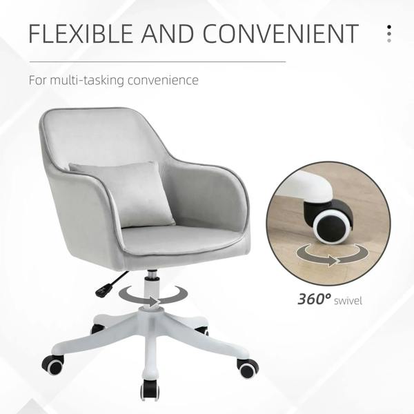 Grey swivel desk chair with padded seat and backrest on 360-degree wheeled base
