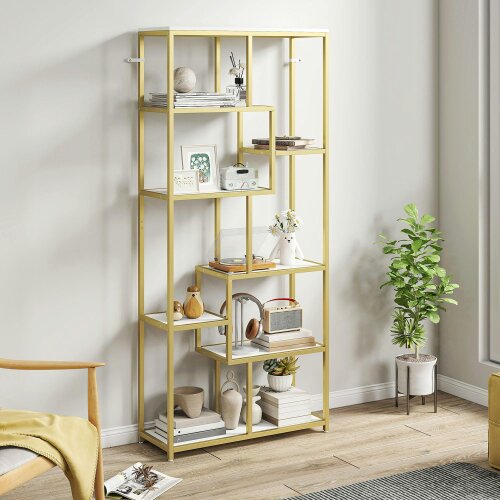 Wyld Haus Lolaha Wood And Metal White And Gold Tone 7 Tier Geometric Display Bookcase