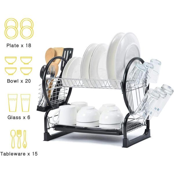 Dyzi 2 Tier Dish Drainer Rack with Utensil Cup Holder Draining Tray Chrome