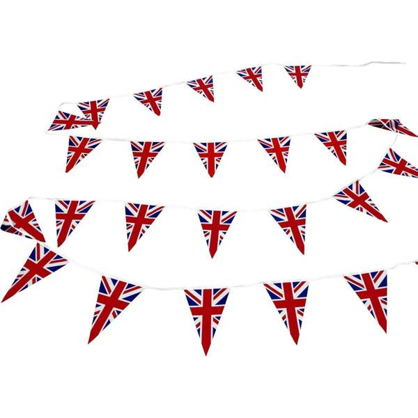 Union Jack flag bunting featuring vibrant red, white, and blue triangular flags, strung along a durable white cord, ideal for celebrations