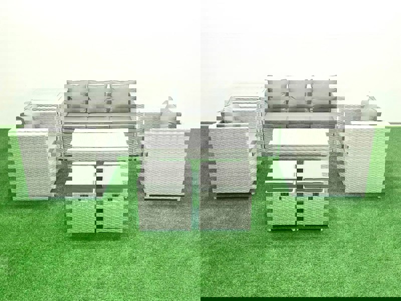 Fimous Rattan Garden Furniture Set 7 Seater Outdoor Garden Sofa Oblong Coffee Table Set with 2 Chairs 2 Stools Side Table Light Grey Mixed
