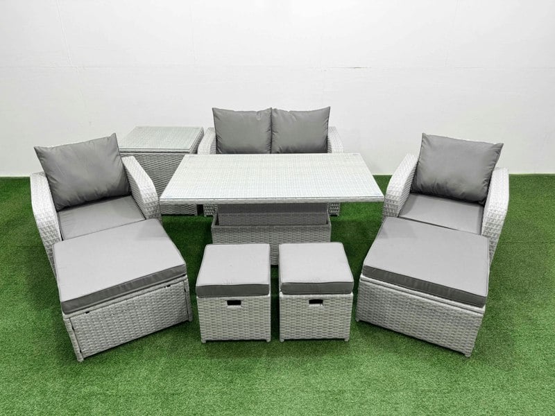 Fimous 9 PCs Rising Dining Table Set Reclining Chair Inclining Love Sofa Seat 2 Big Footstool 2 Small Stool 1 Side Table Light Grey