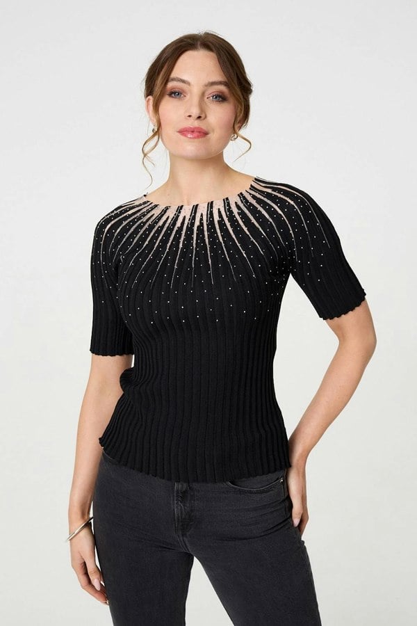 Black | Sequin Embellished Short Sleeve Knit Top
