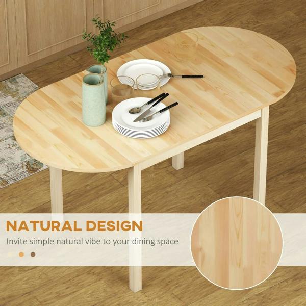 Natural wood drop-leaf dining table with both leaves down, oval shape and tapered legs