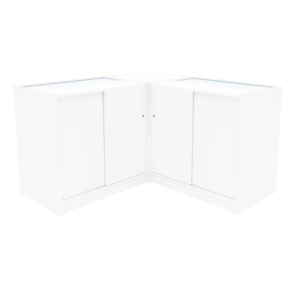 Harmonia LED Shop Counter Set in white, featuring sleek, modern design with glass display tops and hidden storage compartments