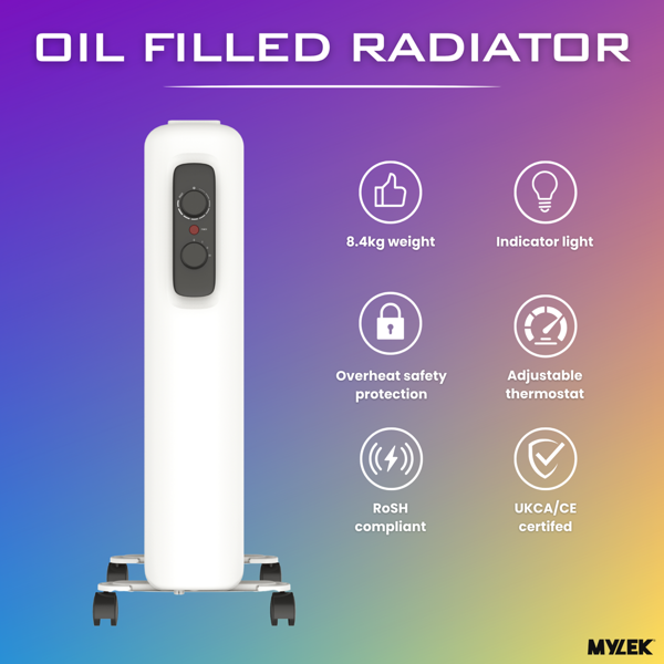 Mylek Oil Filled Radiator Electric Heater Portable With Adjustable Thermostat - White 1500w