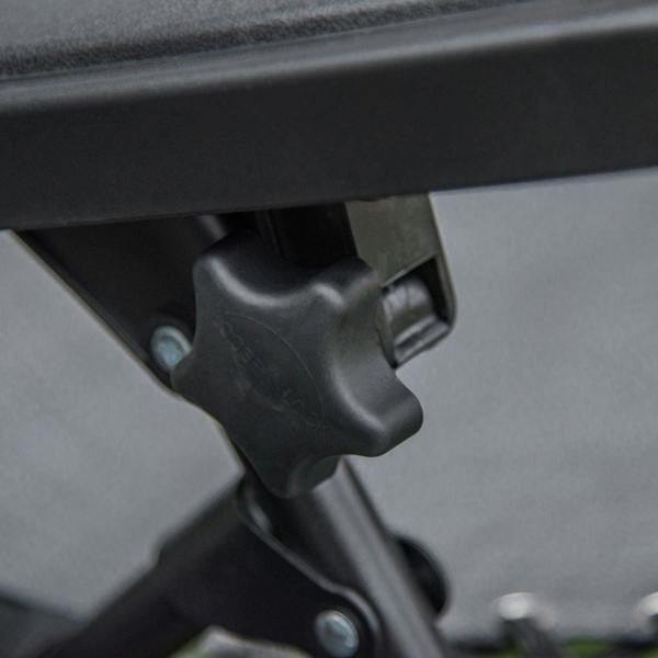 Black metal reclining chair latch joint with screw fasteners