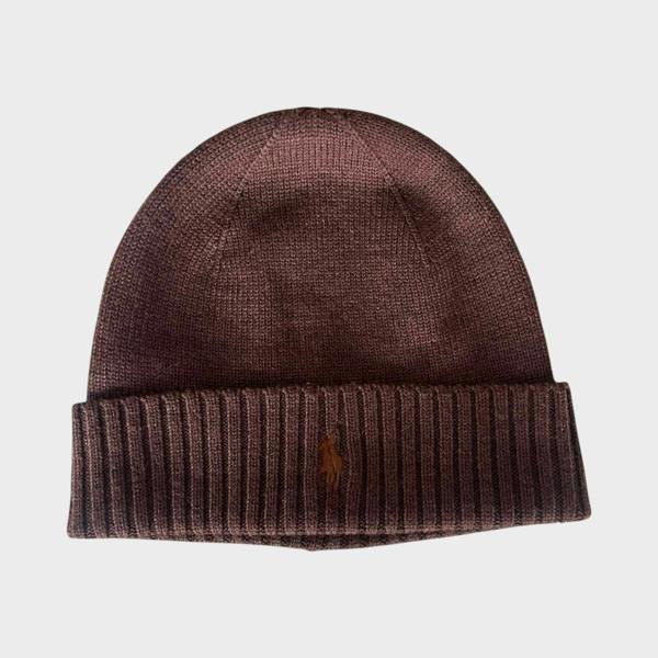 Supplied Fashion brown knit beanie with a ribbed cuff and an embroidered pony logo on the front.