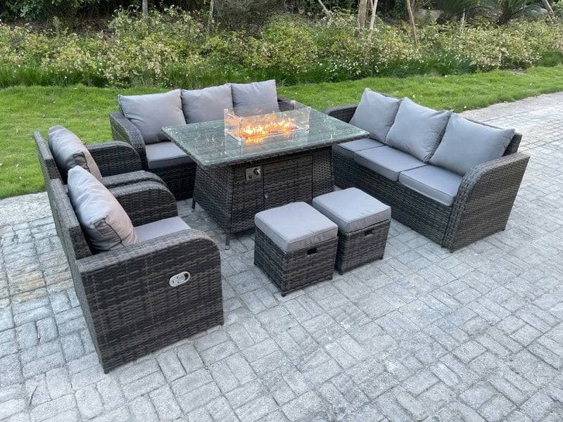 Fimous Rattan Outdoor Garden Furniture Set with Gas Fire Pit Dining Table,  2 Reclining Chairs, 2 Sofas, 2 Foot stools - 10 Seater - Dark Grey