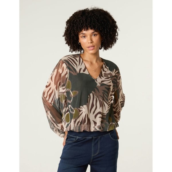 Blue Vanilla Printed Mesh V Neck Puffball Top