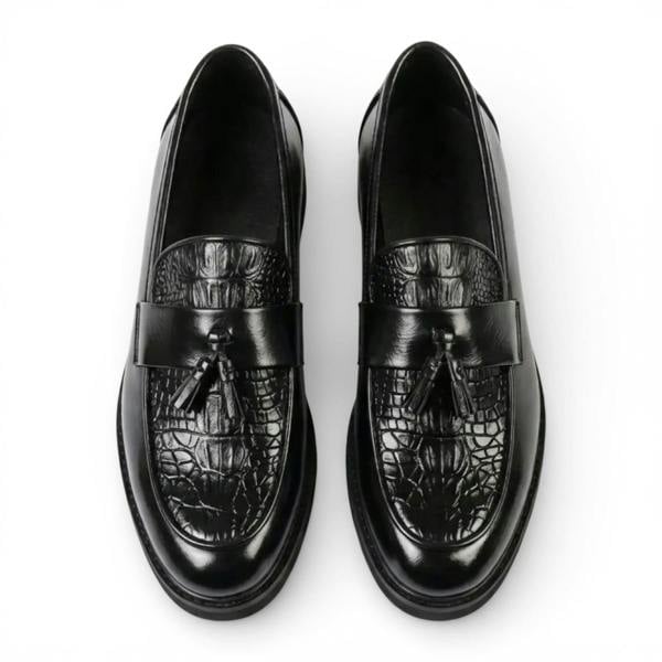 Dolcetto Mens Faux Leather Black Tassel Lug Sole Textured Loafers Shoes