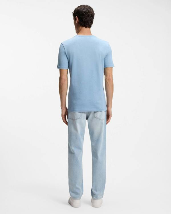 Model wearing BOSS Orange Tales Mens Cotton-Jersey T-shirt With Logo Patch - Light/Pastel Blue 458 - Back