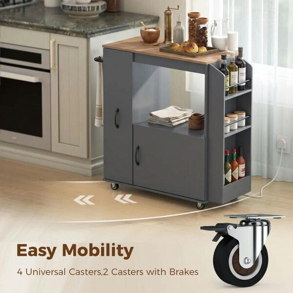 Kitchen Trolley on Wheels, Rolling Kitchen Island Cart with Power Outlet, Cabinet, Pull-Out Drawer, Grey