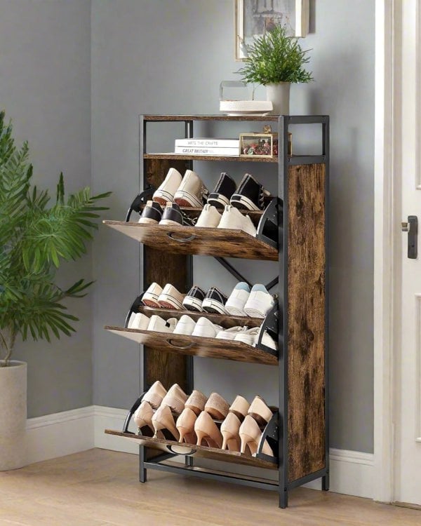 Modcraft Slim Rustic Brown & Black Shoe Cabinet with 3 Fold-Out Doors - Industrial Style