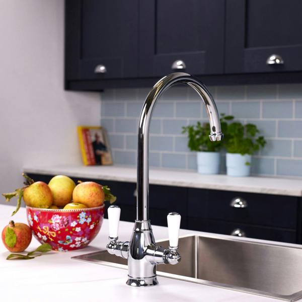 Flode Halden | Dual Lever Kitchen Sink Mixer Tap with Swivel Spout | Polished Chrome Finish