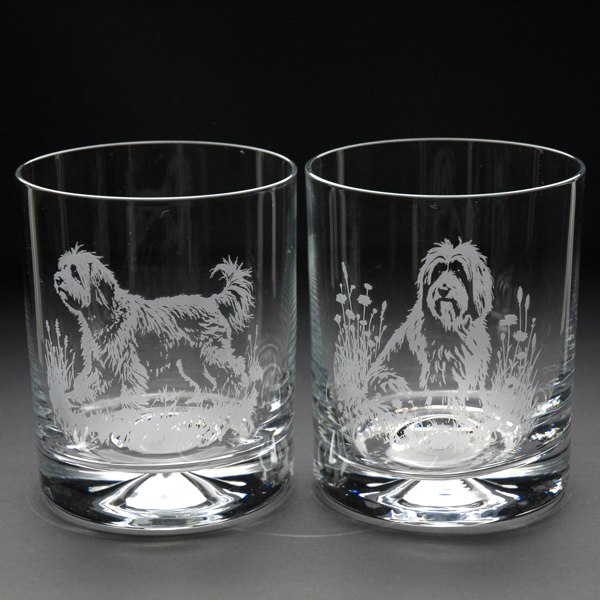 Glyptic Glass Art Tibetan Terrier Dog Whiskey Tumbler Glass - Hand Etched/Engraved Gift