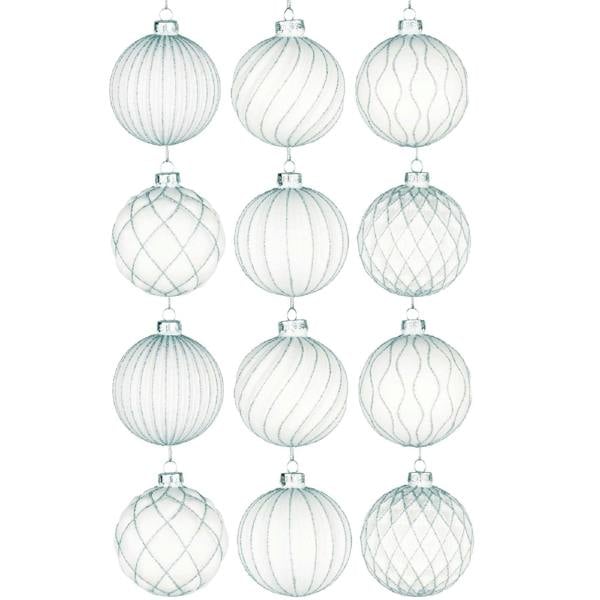 8cm White Glass Christmas Baubles 12 Pack with 6 Festive Designs image 1