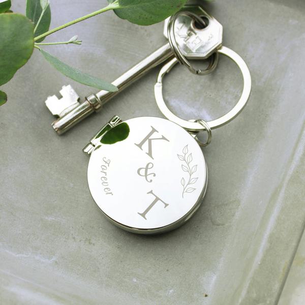 Personalised Couples Initials Photo Keyring engraved with K & T and the word Forever next to a key.