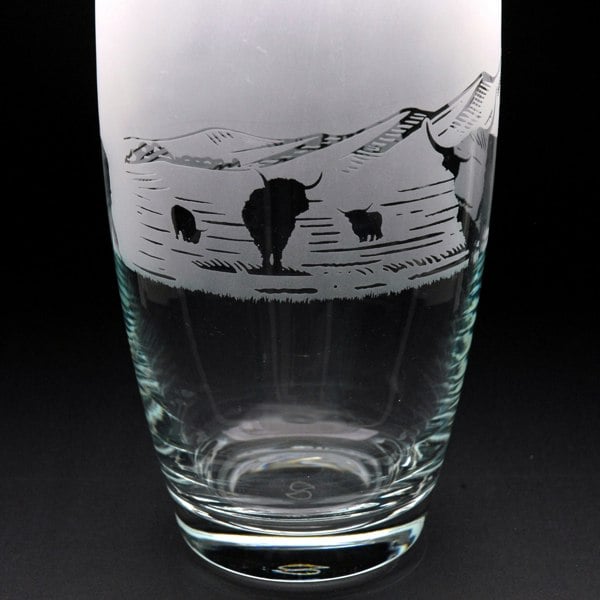 Glyptic Glass Art Highland Cow Glass Botanica Vase - Hand Etched/Engraved Gift