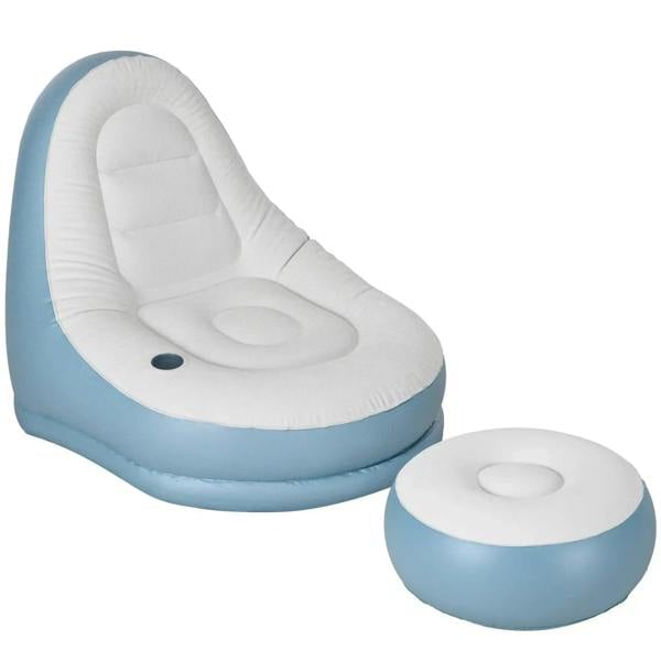 Inflatable tub chair with footstool, white seat and light-blue inflatable base