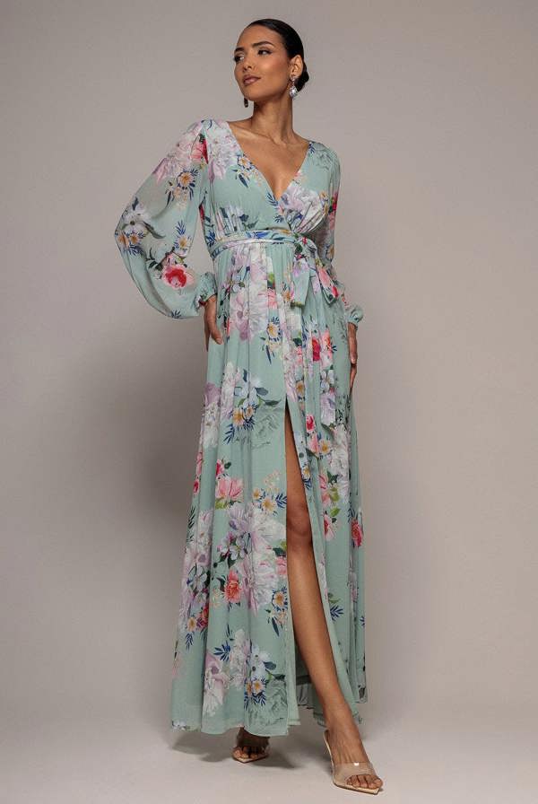 Wrap Front Slit Floral Maxi Dress - Sage Green DR4325