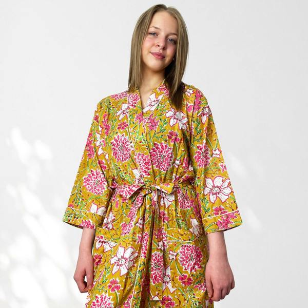 Hayley & Co Yellow Floral Print 100% Cotton Dressing Gown