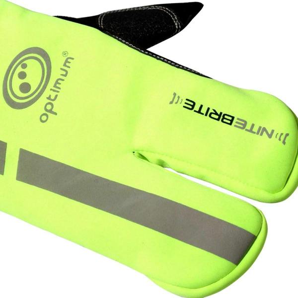 Close-up of Optimum NiteBrite glove fluro yellow back with reflective logo, branding and strip, on white - Optimum