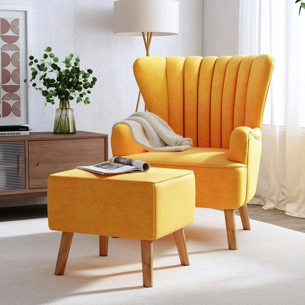 Occasion Faux Wool Wingback Chair Padded Armchair and Footstool Wingback Chairs Living and Home Yellow Suede