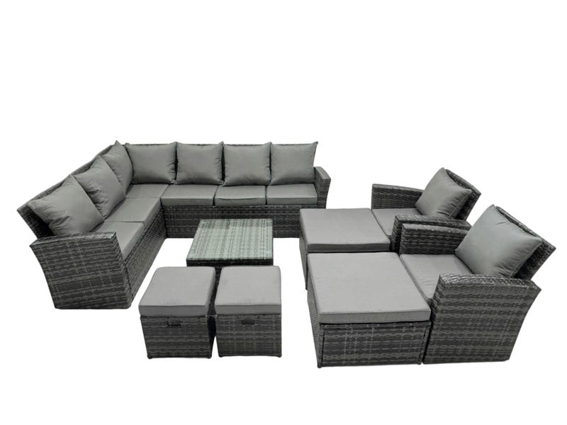 Fimous 12 Seat Poly Rattan Outdoor Patio Coffee Table Corner Sofa Set with 4 Stool 2 Chairs for Garden Backyard Dark Grey Mixed