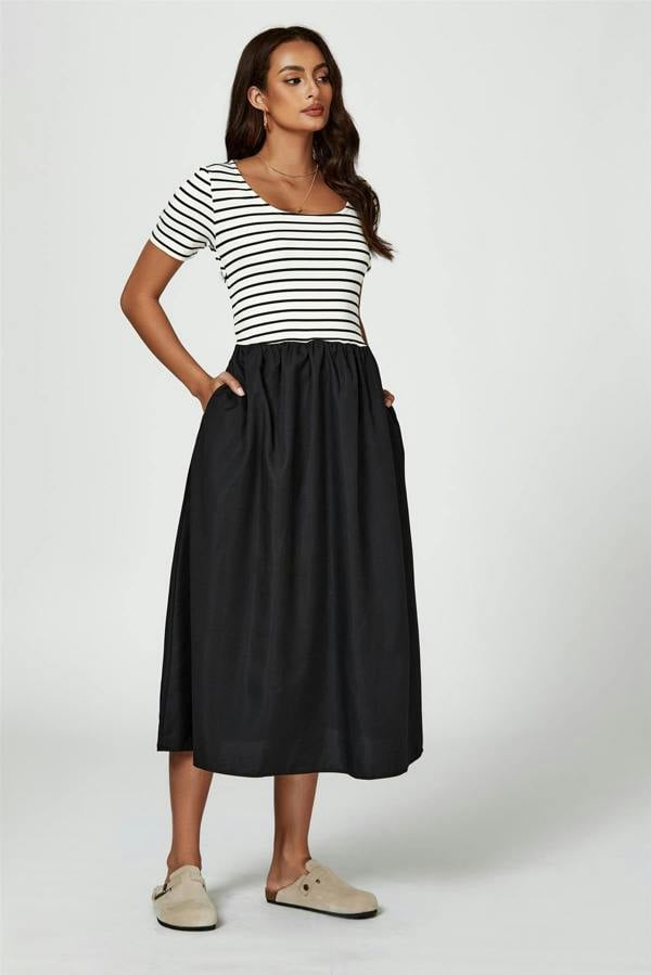 FS Collection Short Sleeve Black Stripe Midi Dress In White