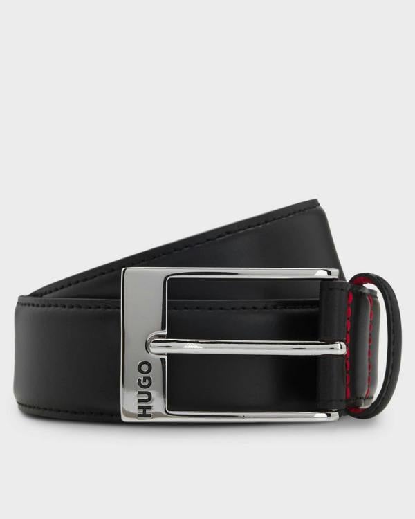 HUGO Barney Mens Patent-Leather Belt with Red Lining  - Black 001 | CHO | Designer Mens Belts