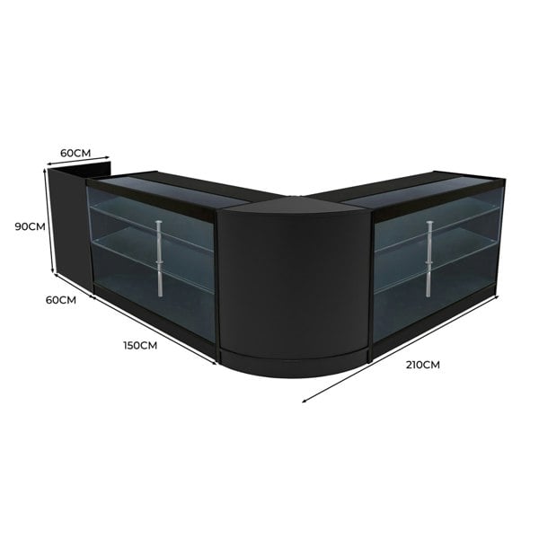 Black Aries LED Shop Counter Set featuring sleek glass shelves, modern design, and dimensions of 210cm x 150cm x 90cm