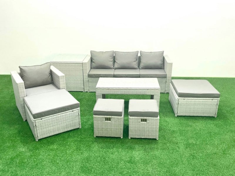 Fimous Rattan Garden Furniture Set Outdoor Lounger Sofa with Coffee Table 4 Footstools Side Table Light Grey Mixed 8 Seater