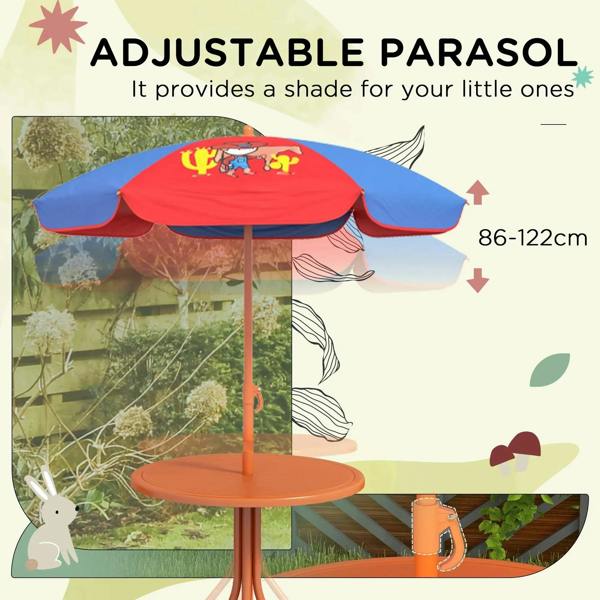 Adjustable kids parasol with red and blue canopy over round orange table