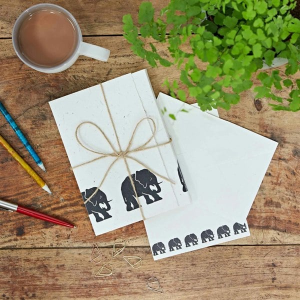 The Elephant Dung Letter Writing Set, adorned with elephant designs, sits tied with twine on a wooden table. Nearby are a potted plant, steaming coffee, pens, and paper clips—inviting creativity in serene surroundings.