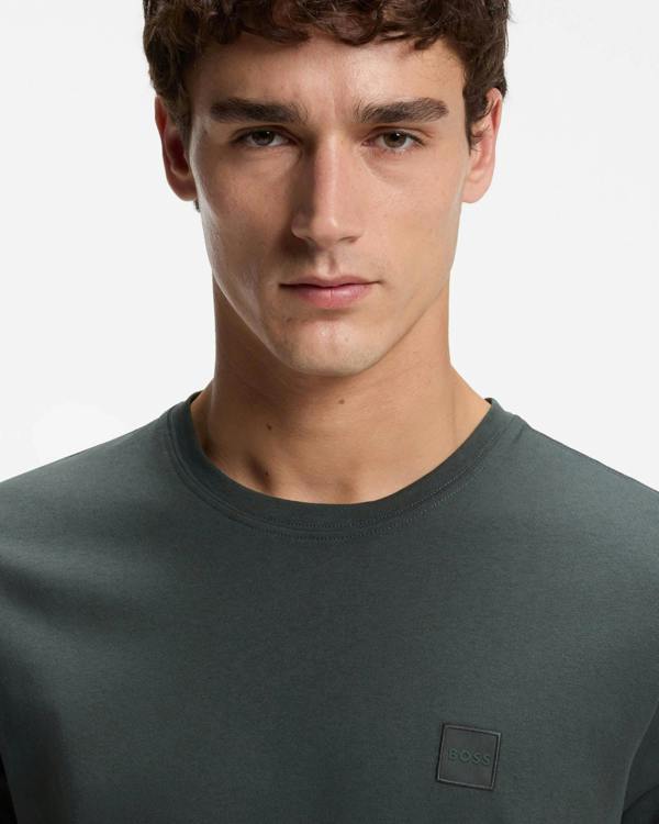 BOSS Orange Tales Mens Cotton - Jersey T - shirt With Logo Patch - Open Green 377 | CHO | Designer Mens Logo T - Shirts