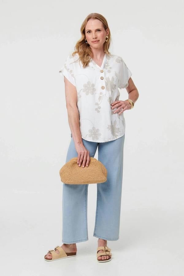 White | Floral Embroidered V-Neck Relaxed Blouse
