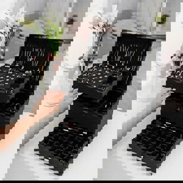 Modcraft 3-Layer Black Jewellery Box with Lock, Drawer Organizer for Rings, Earrings & Necklaces