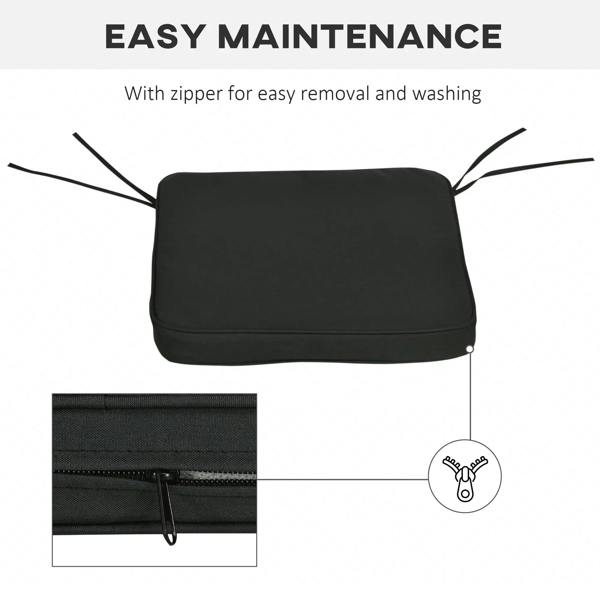 Black seat cushion pad with zipper for removal, tie straps at the corners.