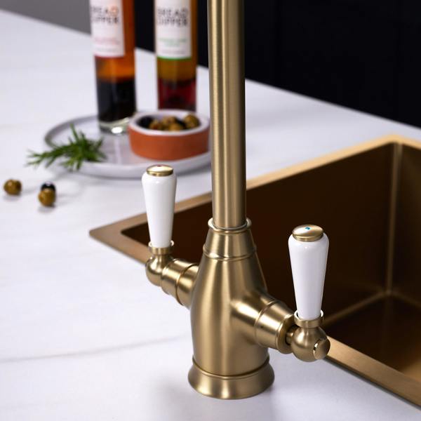 Flode Halden | Dual Lever Kitchen Sink Mixer Tap with Swivel Spout | Brushed Brass Finish