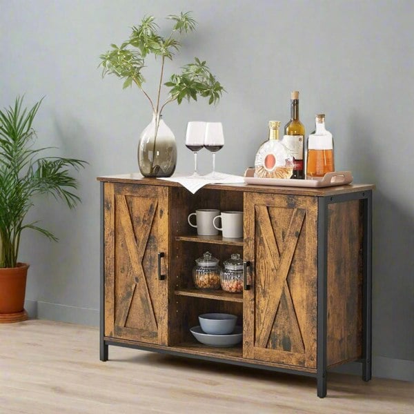 Modcraft Industrial Sideboard Buffet Table with Barn Doors & Adjustable Shelves – Rustic Brown & Black