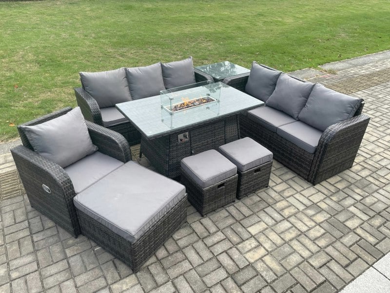 Fimous Rattan Outdoor Garden Furniture Set with Gas Fire Pit Dining Table, Reclining Chair, 2 Sofas, Side Table, 3 Footstools - 10 Seater - Dark Grey