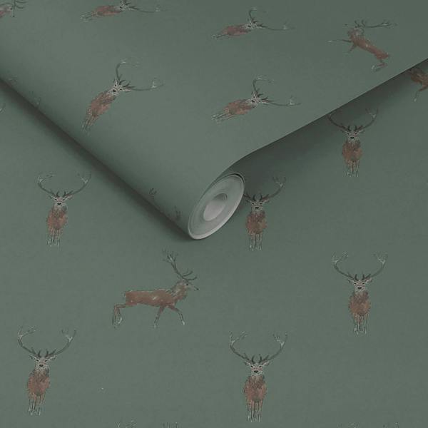 Sophie Allport Highland Stag Dark Heritage Teal Wallpaper