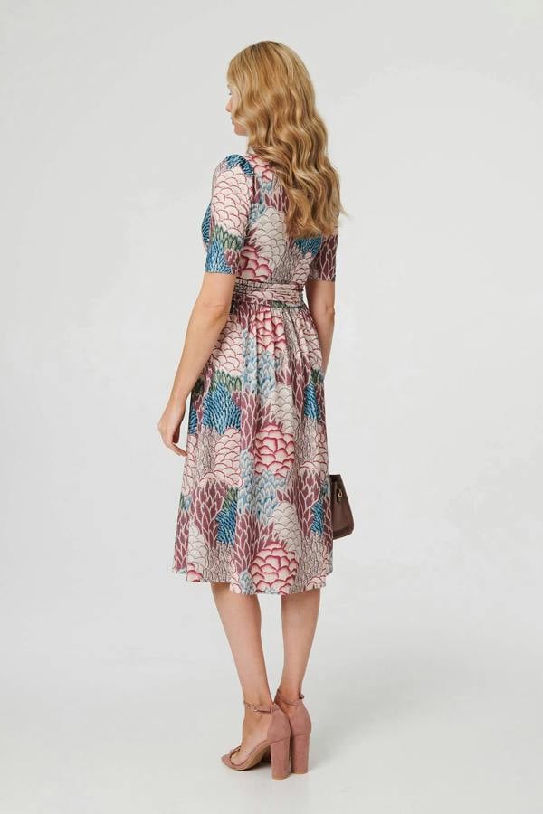 Beige | Printed 1/2 Sleeve Pleated Midi Dress