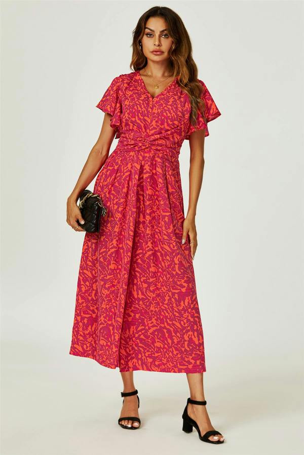FS Collection Printed Wide Leg Twist Jumpsuit In Fuchsia