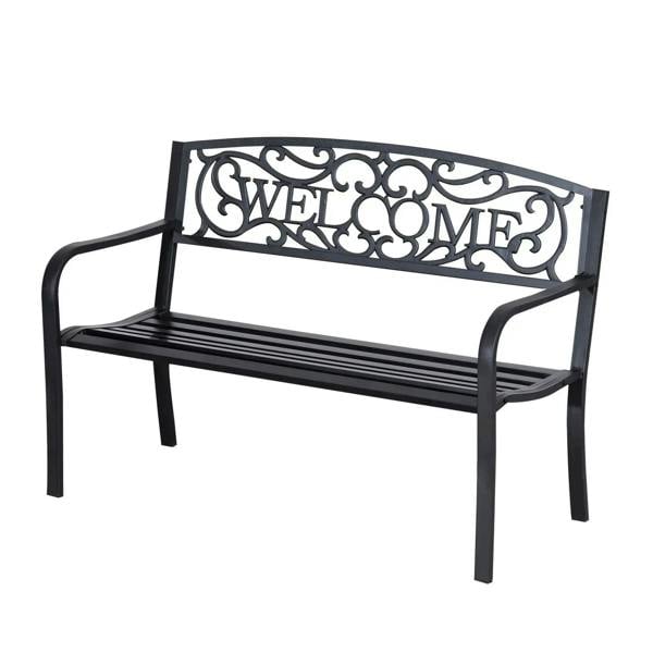 Black steel garden bench with slatted seat and ornate 'WELCOME' backrest