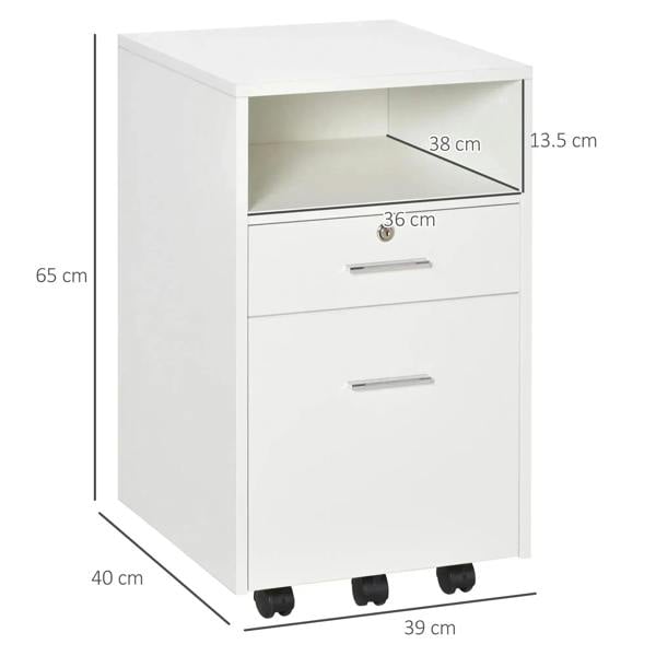 White two-drawer filing cabinet on caster wheels with open top compartment