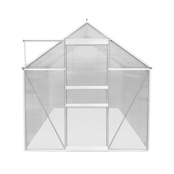 Silver polycarbonate greenhouse measuring 6ft x 10ft, featuring a sturdy frame, transparent panels, and a peaked roof design