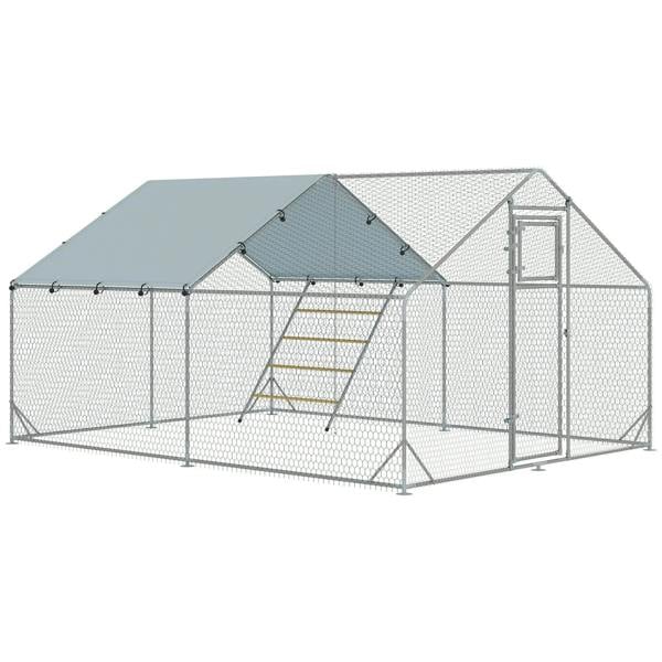 Silver walk-in chicken run with covered top, wire mesh walls, and front door access