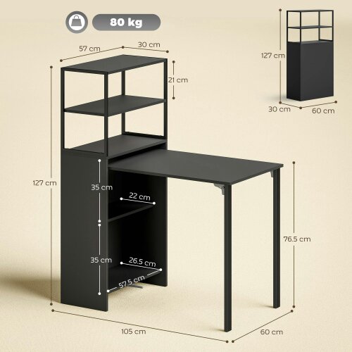 Wyld Haus Serana 105cm Wooden Black Folding Work Table With Integrated Shelving